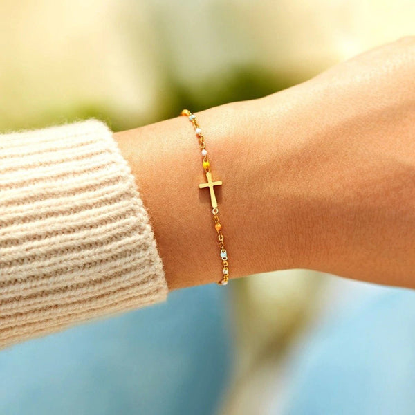 Gold / One Size 18K Gold-Plated Cross Bead Bracelet