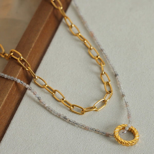 Gold / One Size Beaded Double-Layered Titanium Steel Necklace