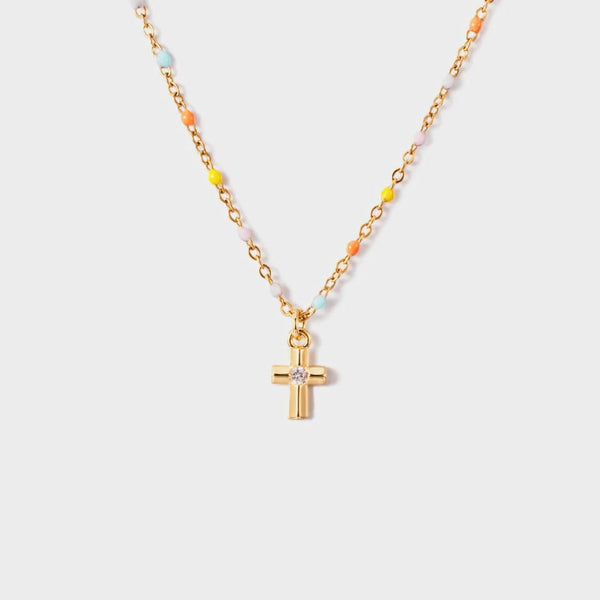 Gold / One Size Inlaid Zircon 18K Gold-Plated Cross Bead Necklace