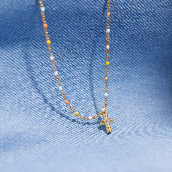 Gold / One Size Inlaid Zircon 18K Gold-Plated Cross Bead Necklace