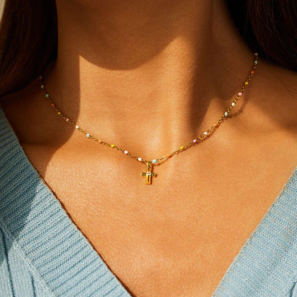 Gold / One Size Inlaid Zircon 18K Gold-Plated Cross Bead Necklace