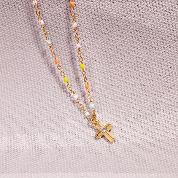 Gold / One Size Inlaid Zircon 18K Gold-Plated Cross Bead Necklace