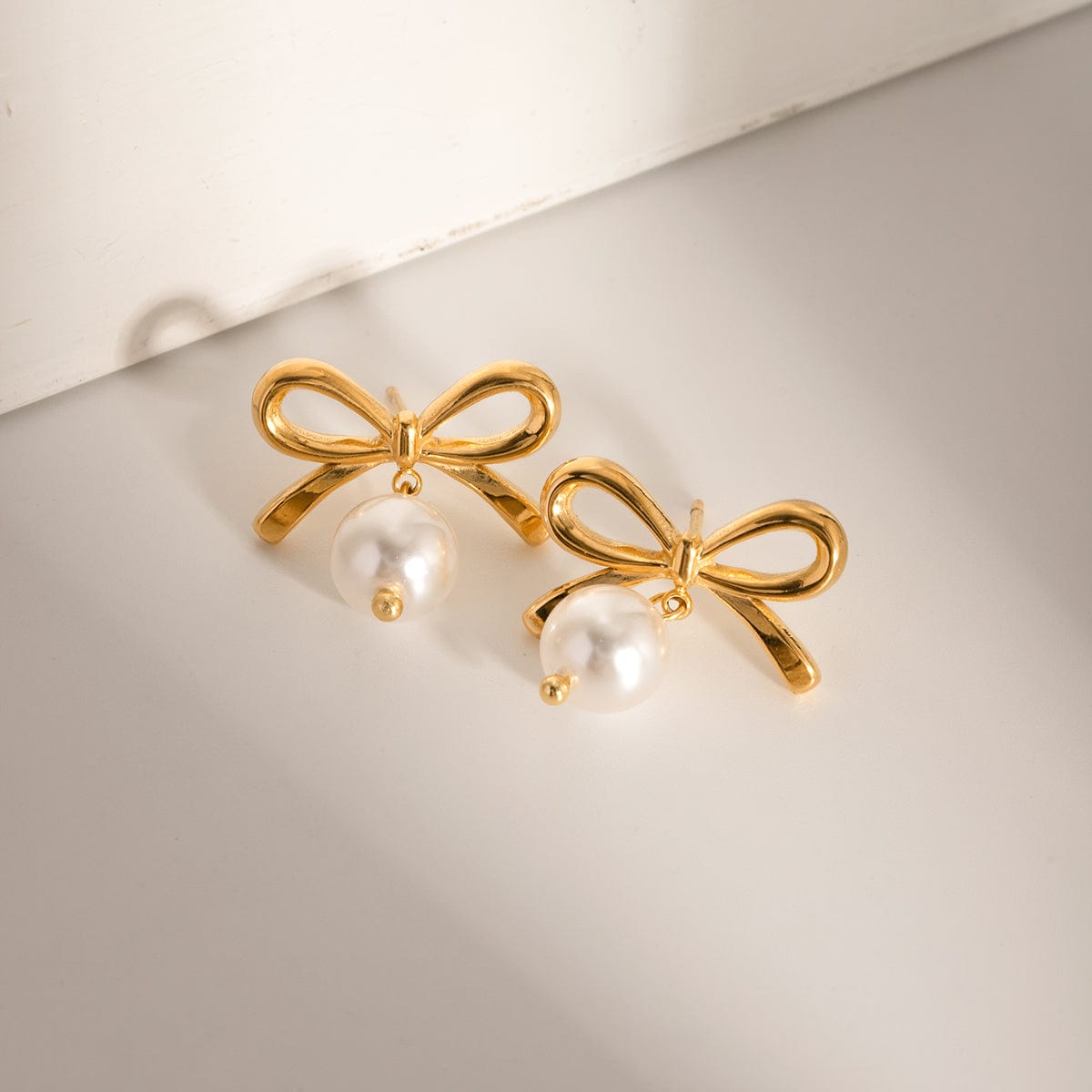 Gold / One Size Stainless Steel Bow Pearl Earrings