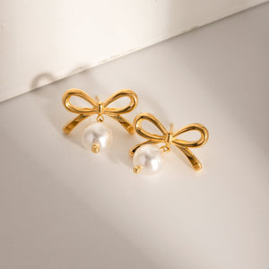 Gold / One Size Stainless Steel Bow Pearl Earrings