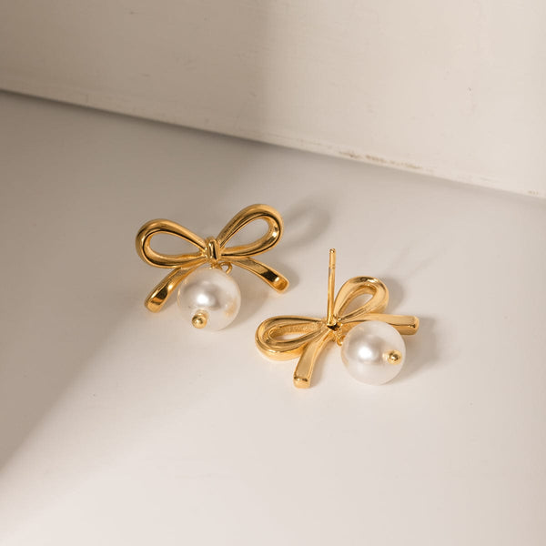 Gold / One Size Stainless Steel Bow Pearl Earrings