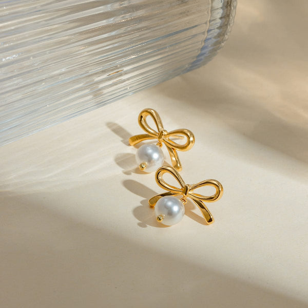 Gold / One Size Stainless Steel Bow Pearl Earrings