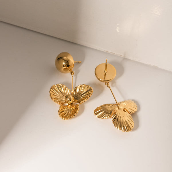 Gold / One Size Stainless Steel Flower Dangle Earrings