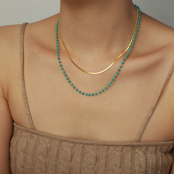 Gold / One Size Turquoise Titanium Steel Double-Layered Necklace