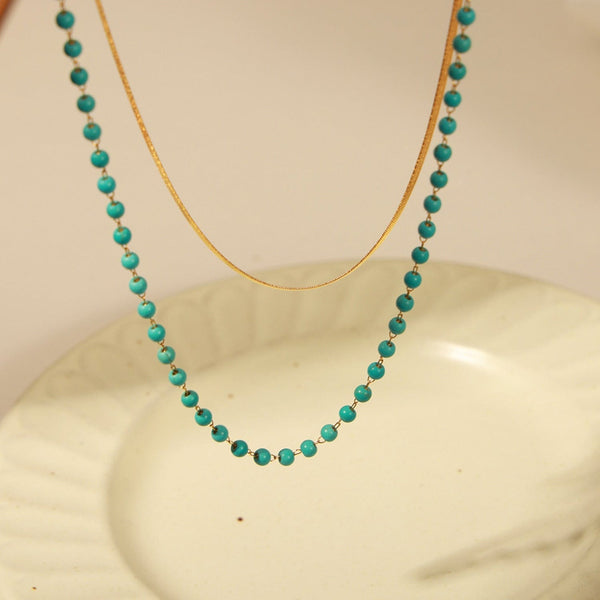 Gold / One Size Turquoise Titanium Steel Double-Layered Necklace