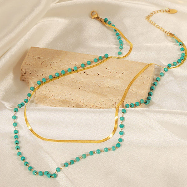 Gold / One Size Turquoise Titanium Steel Double-Layered Necklace