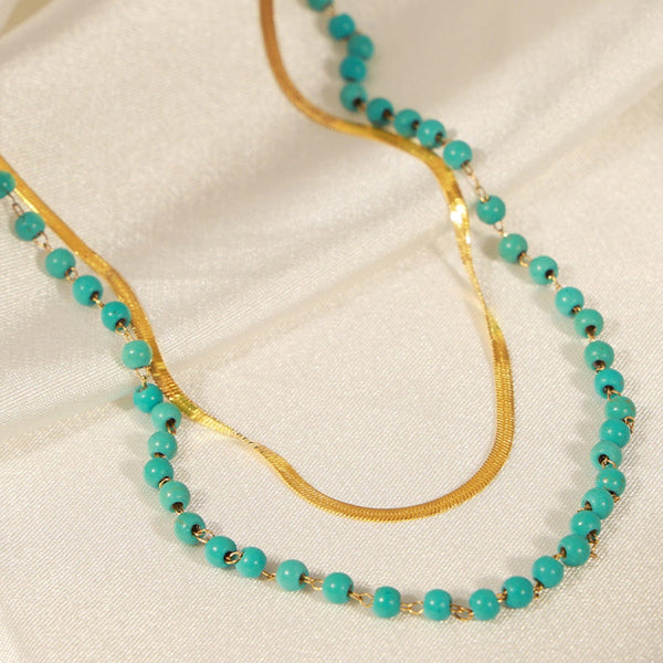 Gold / One Size Turquoise Titanium Steel Double-Layered Necklace