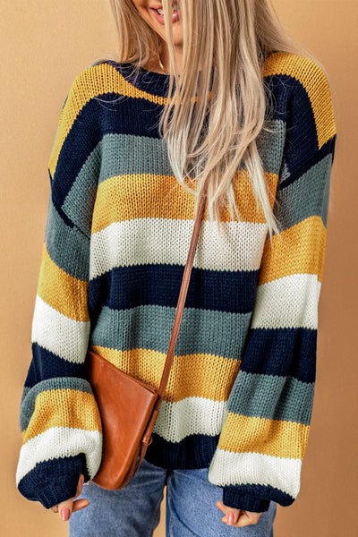 Gold / S Color Block Round Neck Dropped Shoulder Sweater