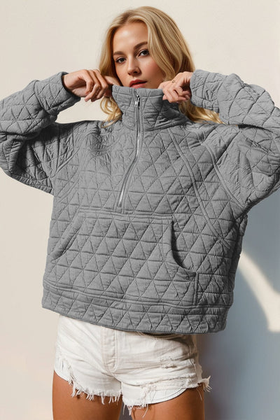 Gray / S Double Take Half Zip Long Sleeve Quilted Sweatshirt with Pocket