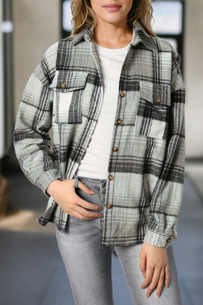 Gray / S Double Take Plaid Dropped Shoulder Shacket