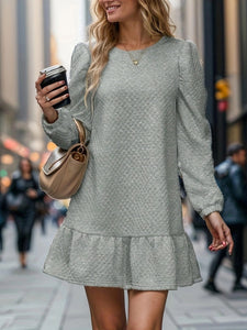 Gray / S Round Neck Long Sleeve Mini Dress