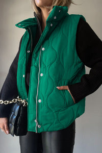 Green / S Collared Neck Vest with Pockets