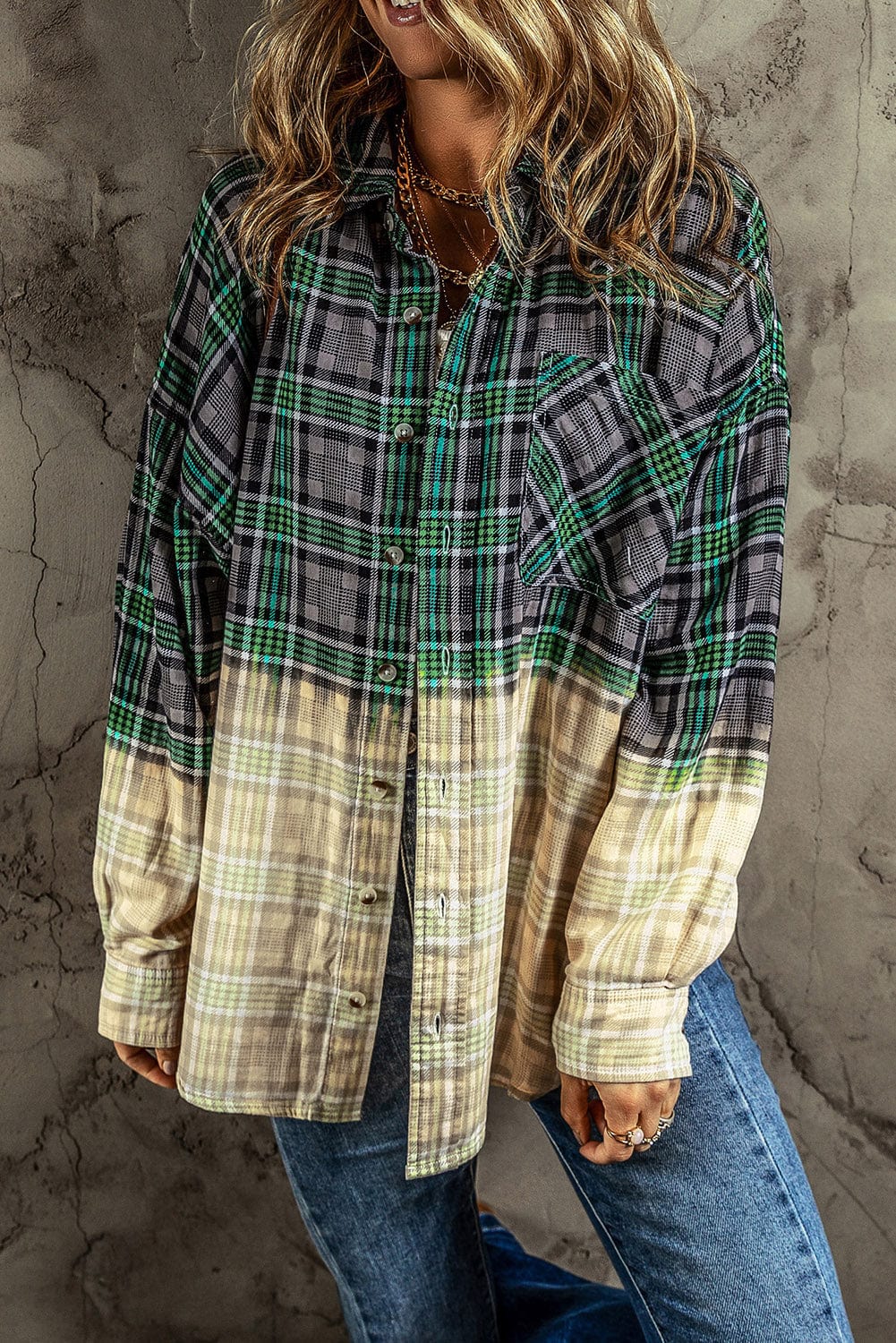 Green / S Contrast Plaid Button Up Long Sleeve Shacket