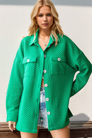 Green / S Double Take Full Size Textured Button Up Drop Shoulder Shacket