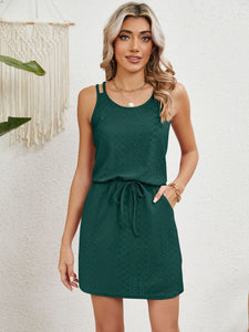 Green / S Eyelet Scoop Neck Sleeveless Dress