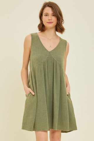 Green / S HEYSON Full Size Texture V-Neck Sleeveless Flare Mini Dress