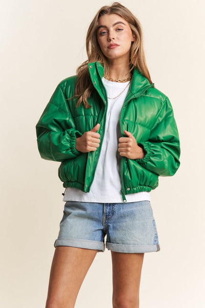 Green / S J.NNA Turtleneck Snap and Zipper Closure Crop Puff Jacket