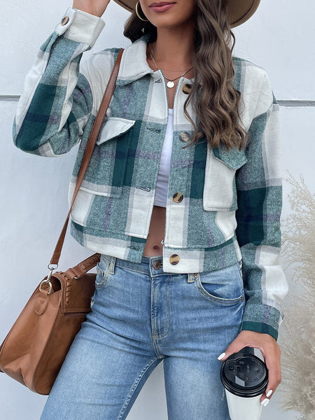 Green / S Perfee Plaid Button Up Drop Shoulder Cropped Jacket