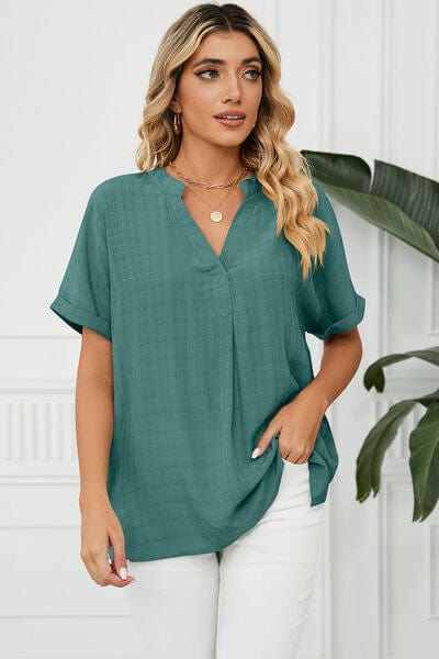 Green / S Ruched Notched Short Sleeve Blouse