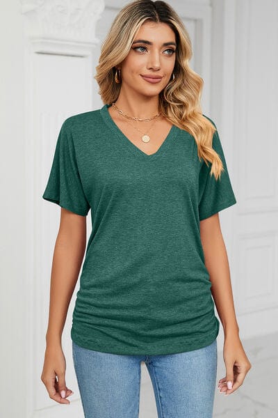 Green / S Ruched V-Neck Short Sleeve T-Shirt