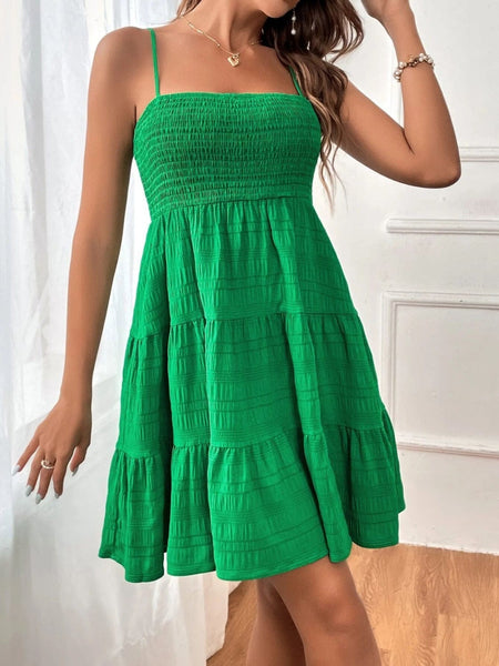 Green / S Tiered Smocked Square Neck Cami Dress