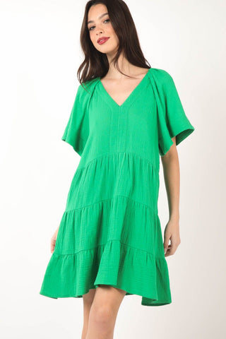 Green / S VERY J Texture V-Neck Ruffled Tiered Dress