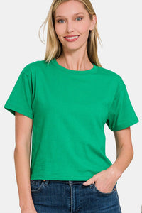 Green / S Zenana Round Neck Short Sleeve Cropped T-Shirt