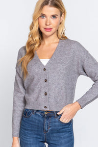 Grey / S ACTIVE BASIC V-Neck Button Up Long Sleeve Knit Cardigan