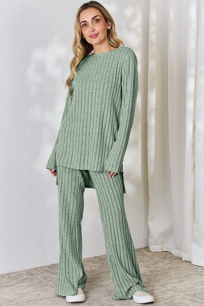 Gum Leaf / S Basic Bae Full Size Ribbed High-Low Top and Wide Leg Pants Set