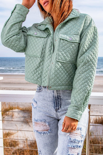 Gum Leaf / S Quilted Snap and Zip Long Sleeve Cropped Jacket