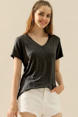 H CHARCOAL / S Ninexis Full Size V-Neck Short Sleeve T-Shirt