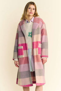 Hot Pink Multicolor / S Davi & Dani Tied Color Block Collared Neck Coat