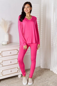 Hot Pink / S Basic Bae Full Size V-Neck Soft Rayon Long Sleeve Top and Pants Lounge Set