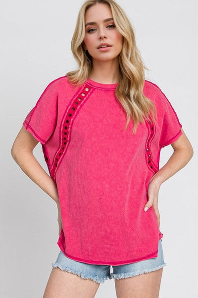 Hot Pink / S Double Take Full Size Cutout Round Neck Short Sleeve T-Shirt