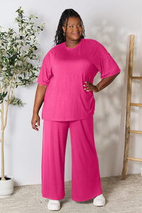 Hot Pink / S Double Take Full Size Round Neck Slit Top and Pants Set