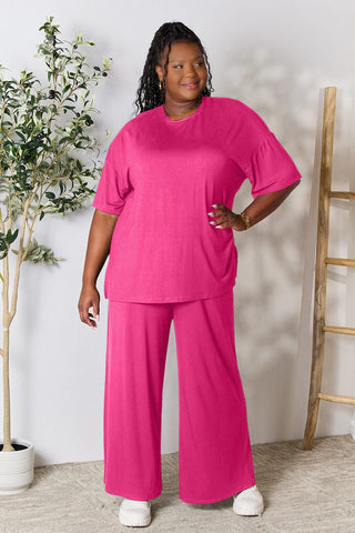 Hot Pink / S Double Take Full Size Round Neck Slit Top and Pants Set