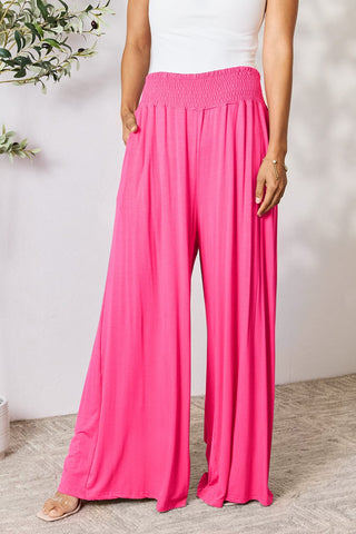 Hot Pink / S Double Take Full Size Smocked Wide Waistband Wide Leg Pants