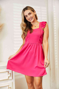 Hot Pink / S Double Take Ruffled Square Neck Dress