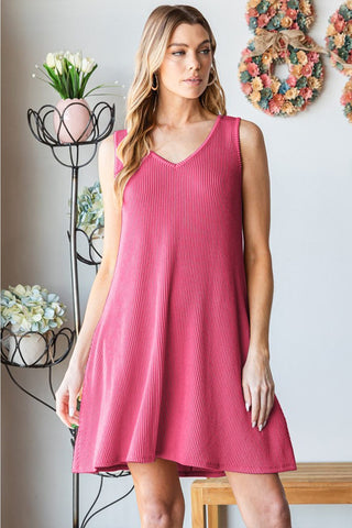 Hot Pink / S Heimish Full Size V-Neck Ribbed Mini Tank Dress