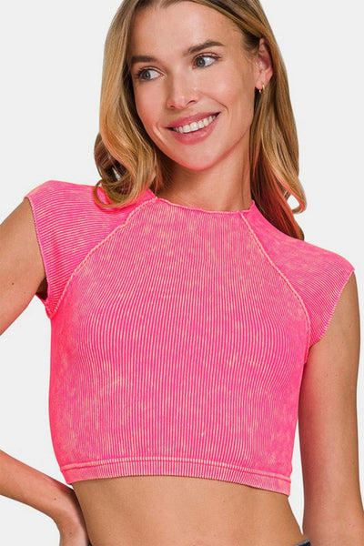 Hot Pink / S/M Zenana Ribbed Round Neck Cropped Top