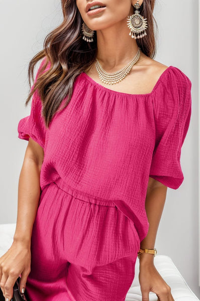 Hot Pink / S Square Neck Half Sleeve Top and Shorts Set