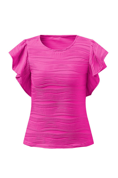 Hot Pink / S Textured Round Neck Cap Sleeve Top