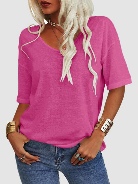 Hot Pink / S V-Neck Dropped Shoulder Half Sleeve T-Shirt