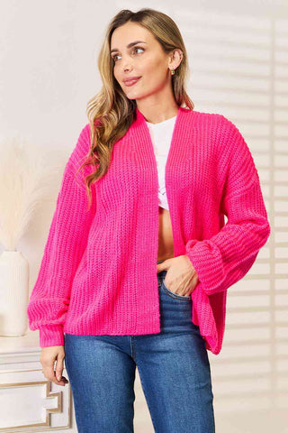 Hot Pink / S Woven Right Rib-Knit Open Front Drop Shoulder Cardigan