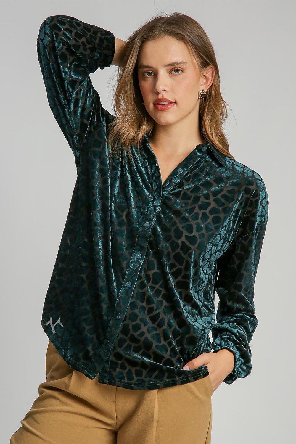 Hunter Green / S Umgee Animal Print Button Up Velvet Shirt