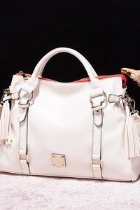 Ivory / One Size PU Leather Handbag with Tassels